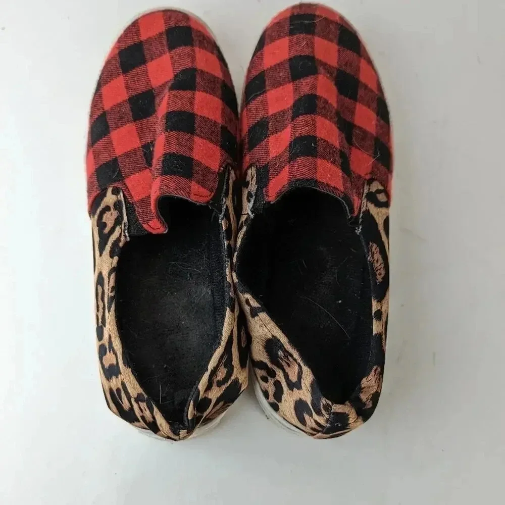 Plaid Leopard Slip Ons - 9